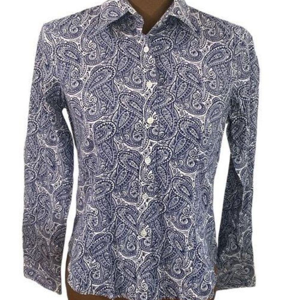 Talbots 2P Long Sleeve Cotton Blend Button Down Top Blue White Paisley